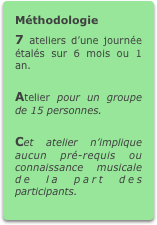 Méthodologie
7 ateliers d’une journée étalés sur 6 mois ou 1 an.

Atelier pour un groupe de 15 personnes.

Cet atelier n’implique aucun pré-requis ou connaissance musicale de la part des participants.